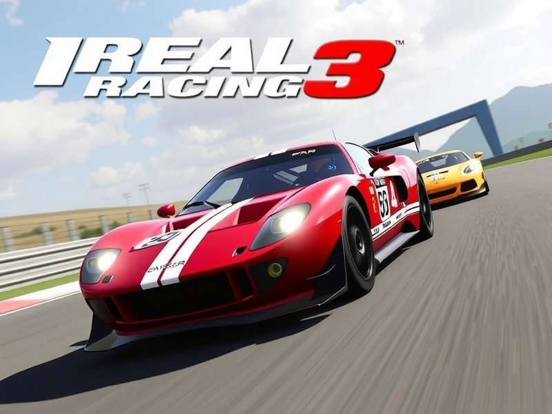 Real Racing 3 gameplay screenshot featuring high-end cars on a circuit at sunset