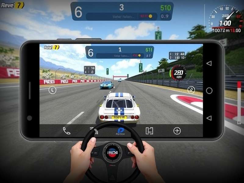 Real Racing 3 gameplay on an Android phone showing high-speed action