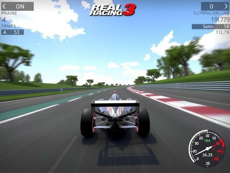 Real Racing 3 PC Gameplay — high-speed racing action on a widescreen monitor with steering wheel controller